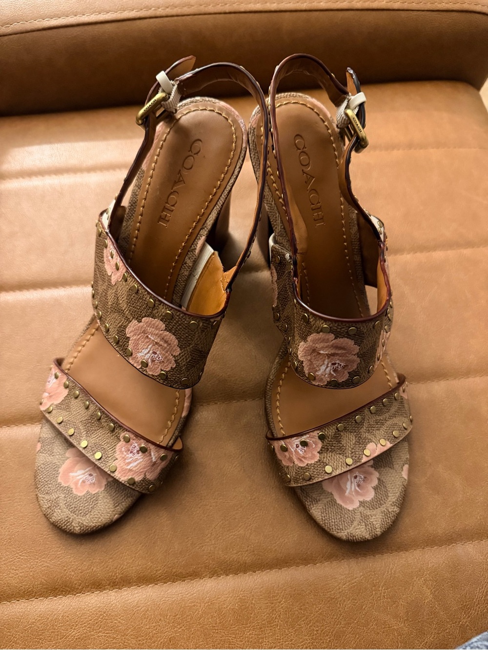 Coach Brown Floral Embroidered Slingback Heels with Pink Accents